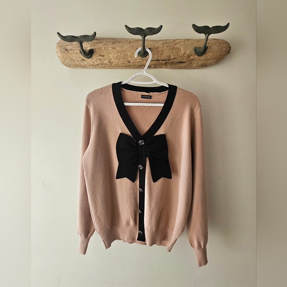 Blush Pink Cardigan with Black Trim & Bow